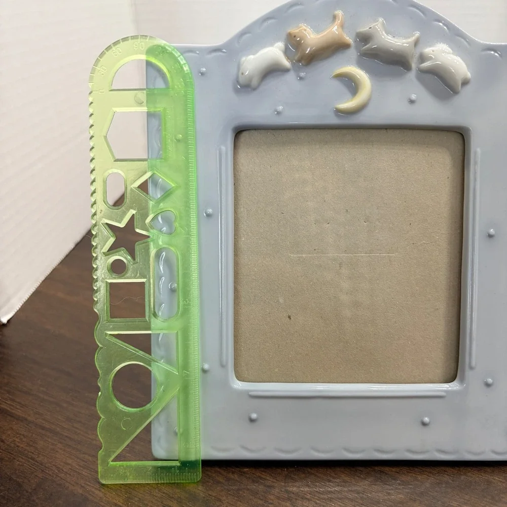 Charpente Ceramic  Baby Nursery Pic Frame Blue Animals Moon Cat Dog Rabbit 6.5in